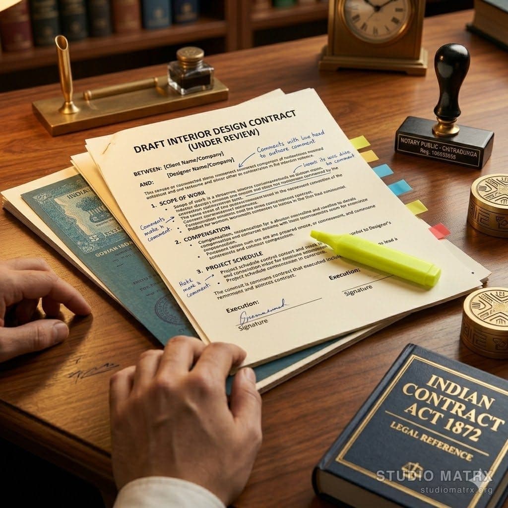 Lawyer's desk with interior design contract draft