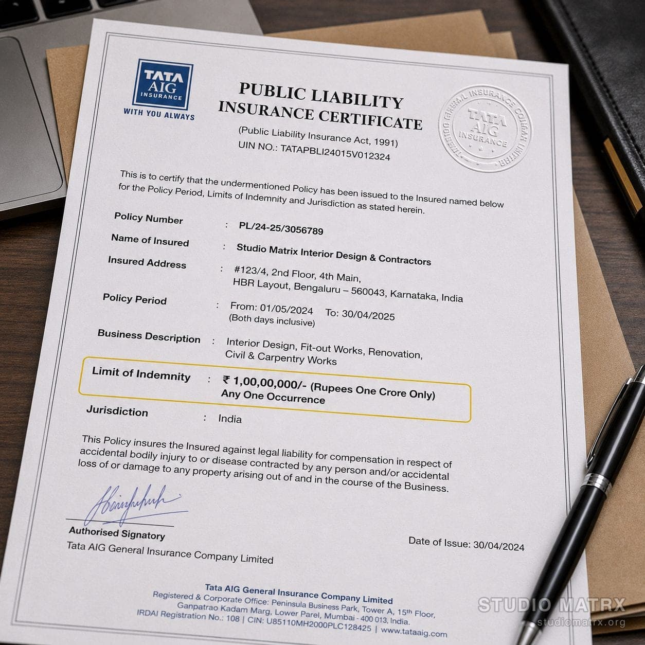 Public liability insurance certificate
