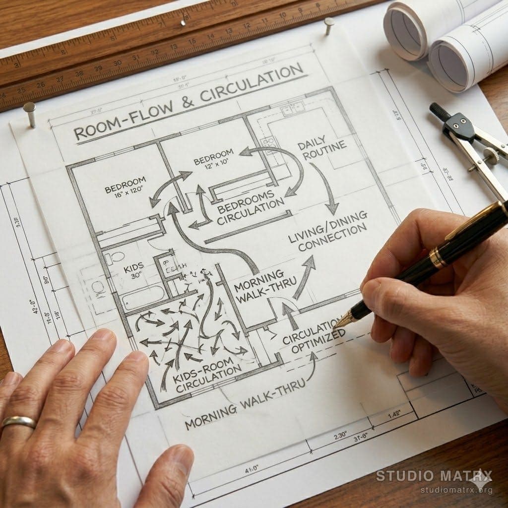 Hand-sketched room flow on tracing paper