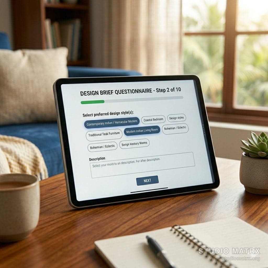 Homeowner filling out design brief questionnaire on tablet