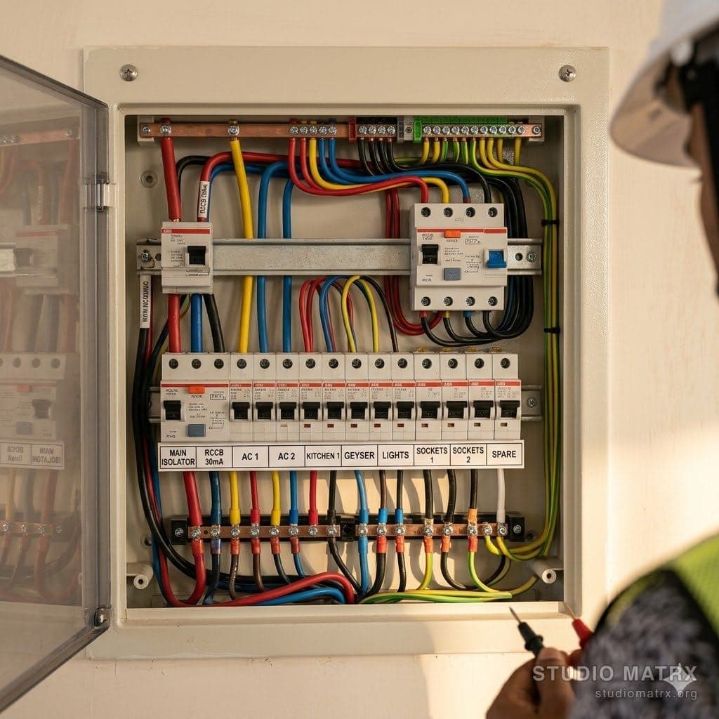 Indian apartment electrical distribution board with labelled MCBs