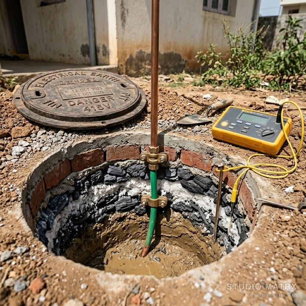 Earth pit chamber cover with copper plate visible
