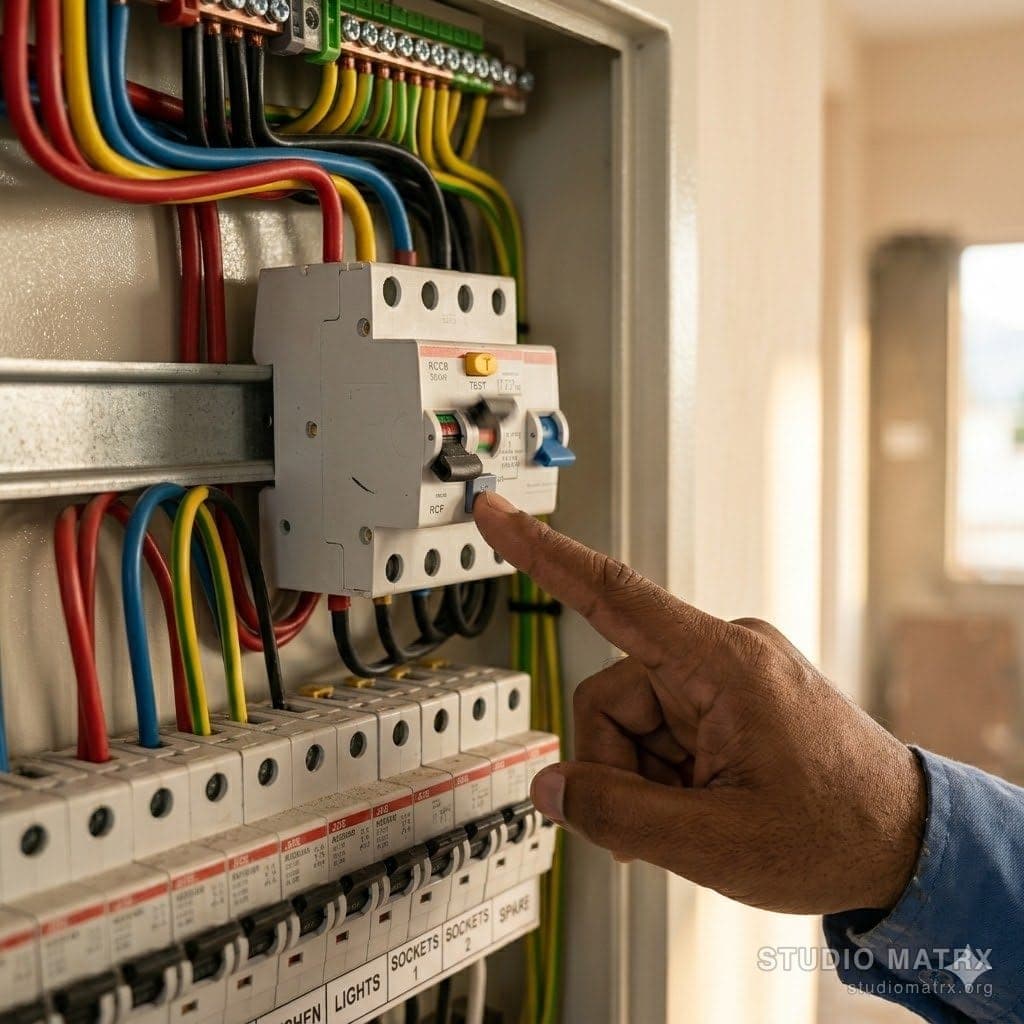 RCCB test button being pressed on home panel