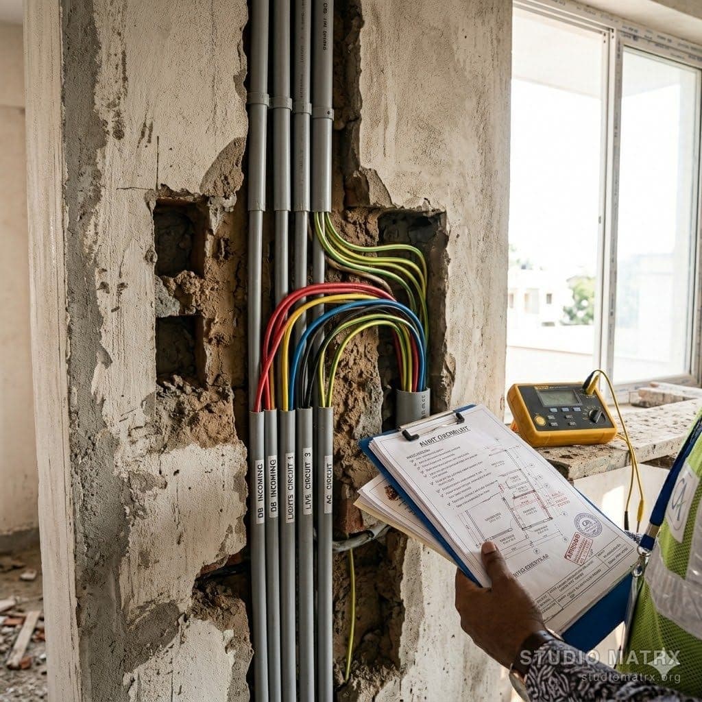 PVC conduit wiring in apartment wall channel