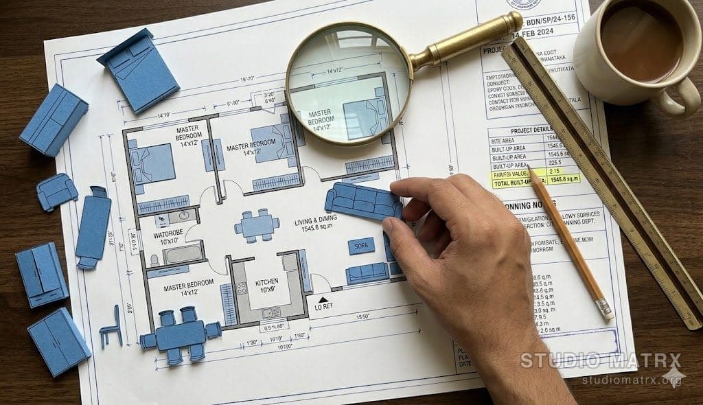 A designer measuring a room for furniture layout