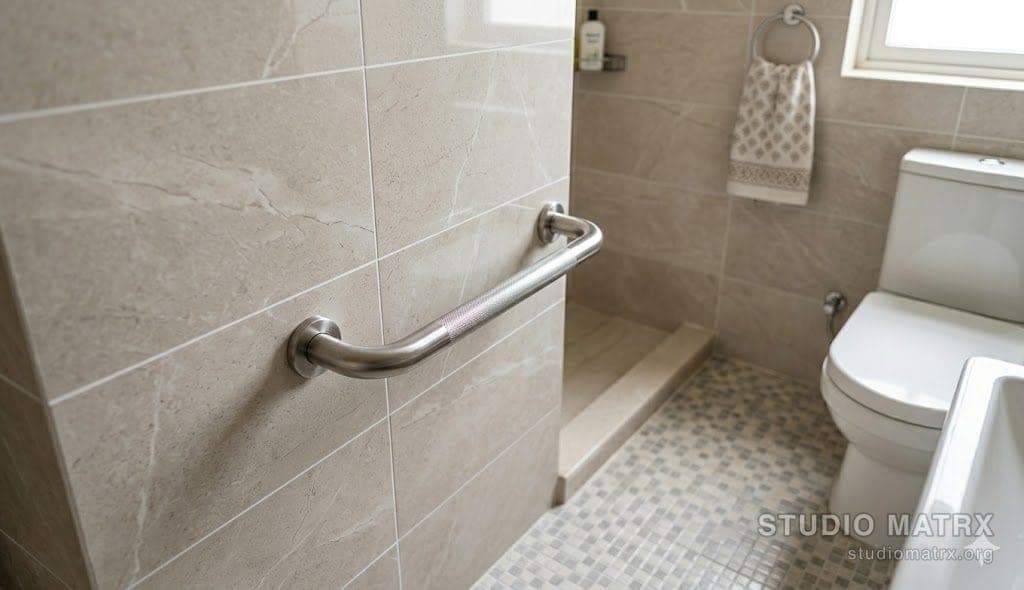 Bathroom grab bar installed beside toilet