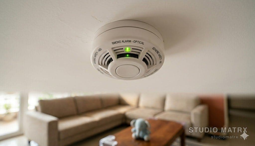 Ceiling-mounted smoke detector with green LED