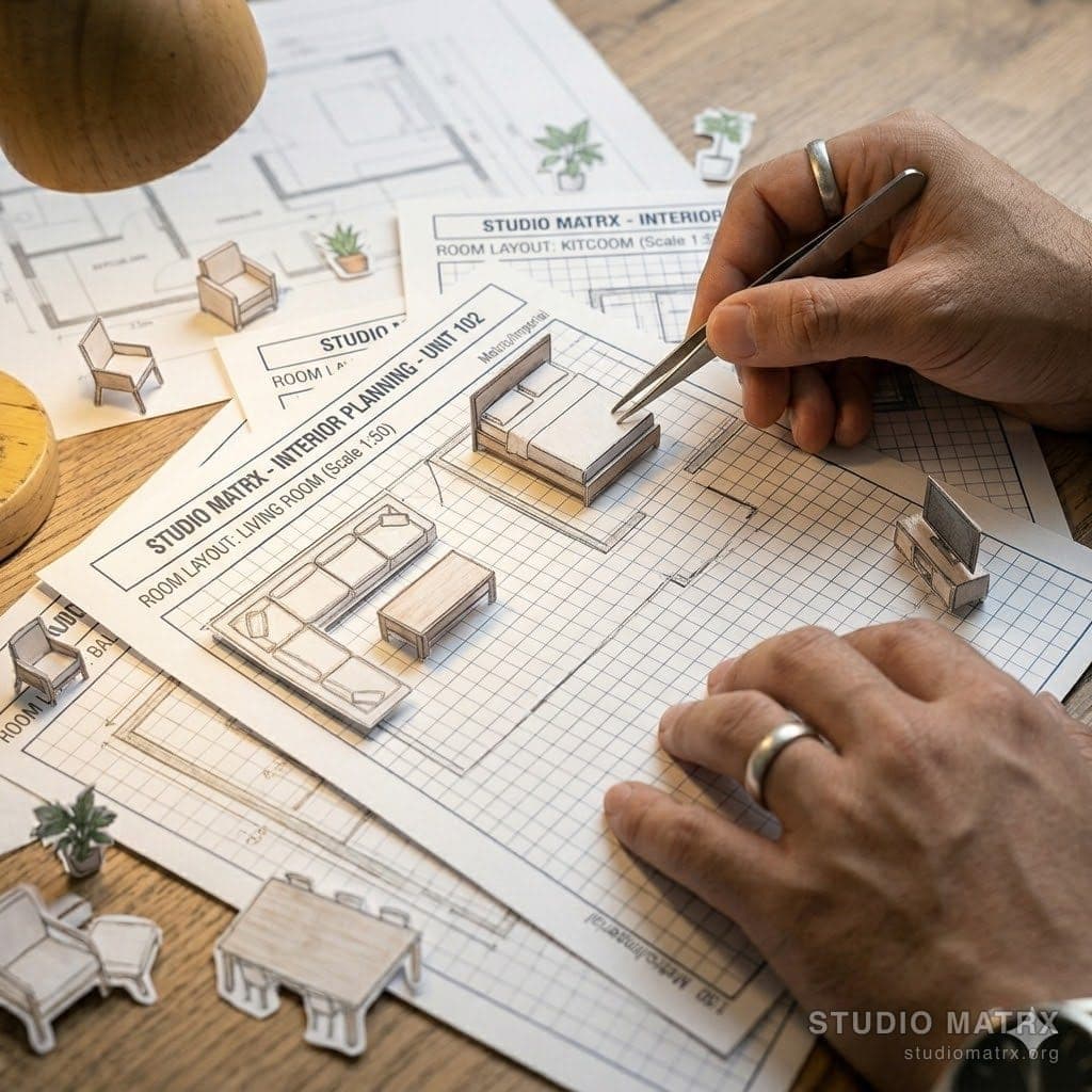 Paper furniture cutouts on a grid plan