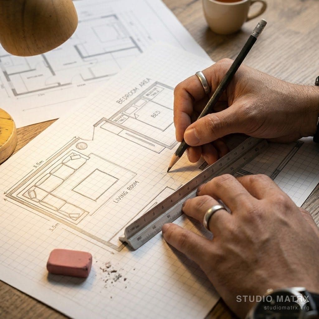 Hand-sketched furniture layout on graph paper