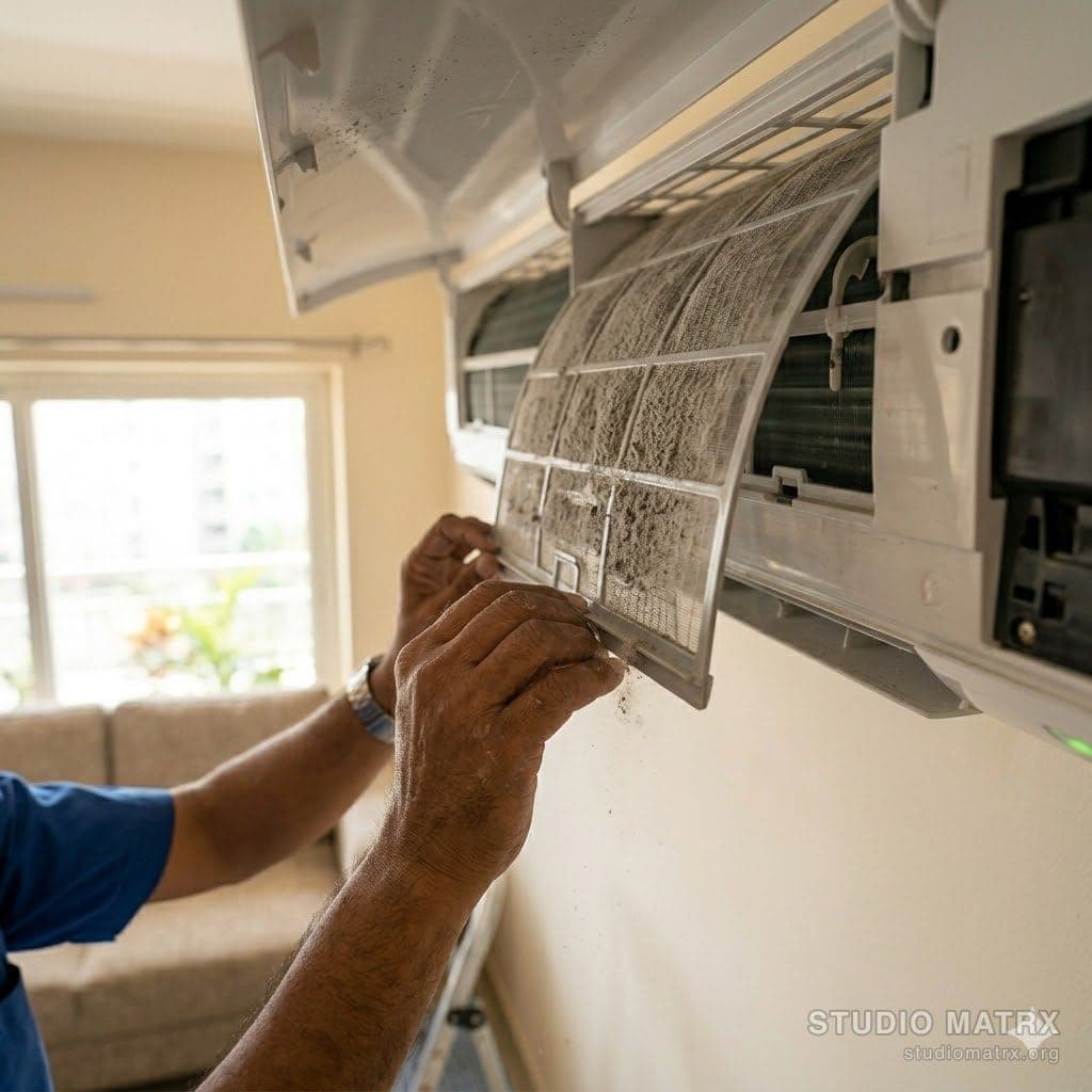Technician servicing split AC filter