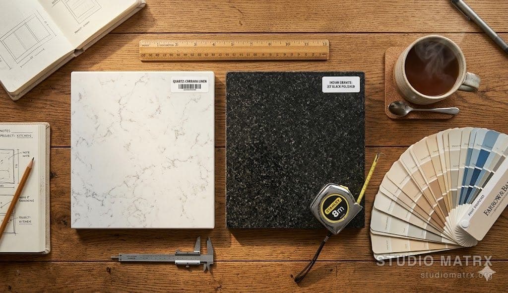 Two material samples being compared on a designer's desk