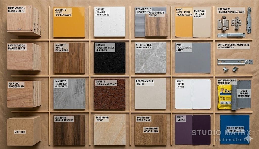 Indian interior material samples — ply, laminate, quartz, tile