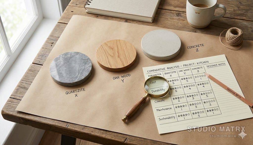 Material samples being scored across 5 dimensions