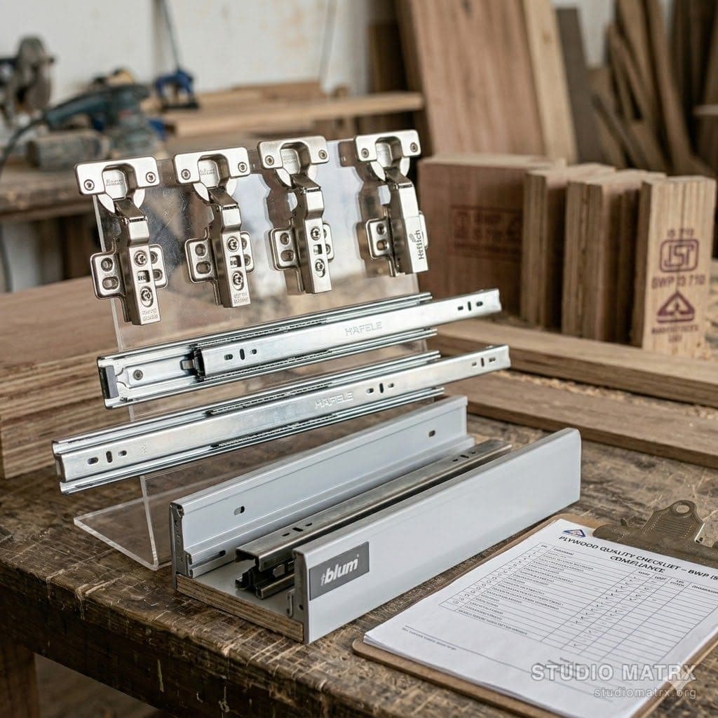 Branded soft-close hinges and drawer slides on display