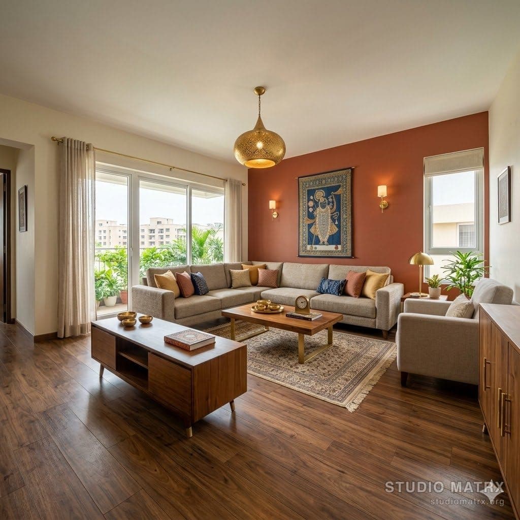 Finished Indian living room reflecting chosen materials