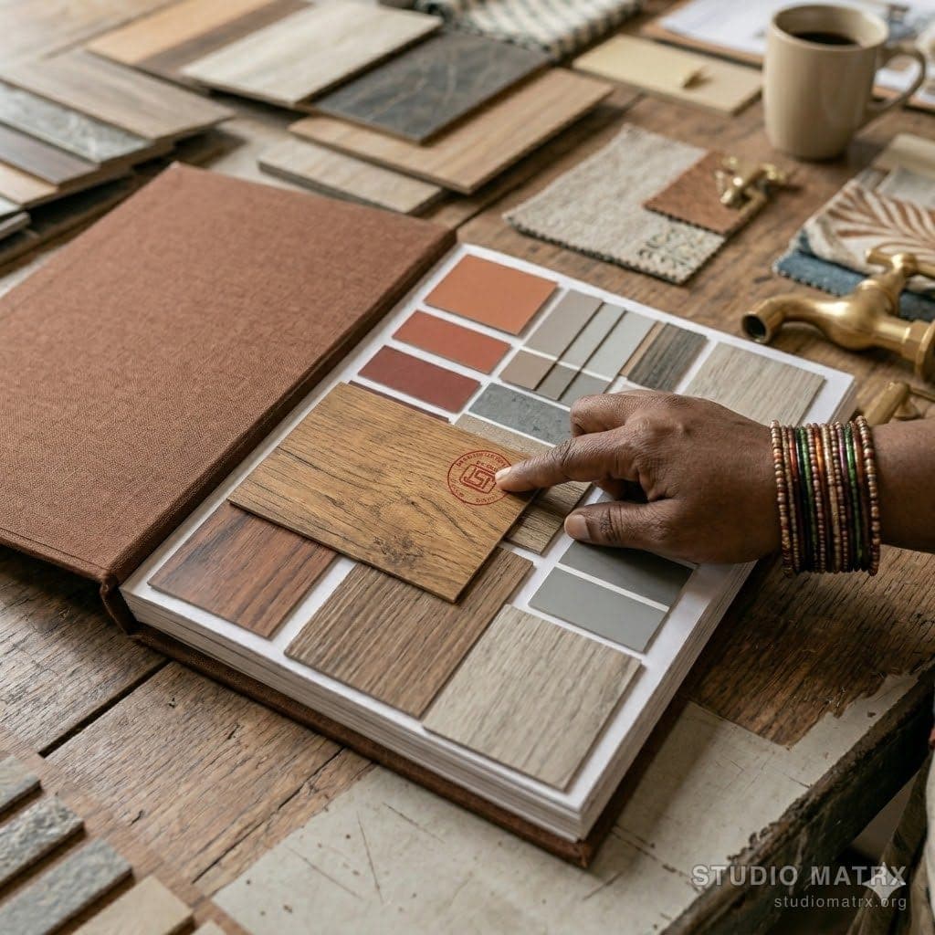 Open laminate sample book on showroom counter