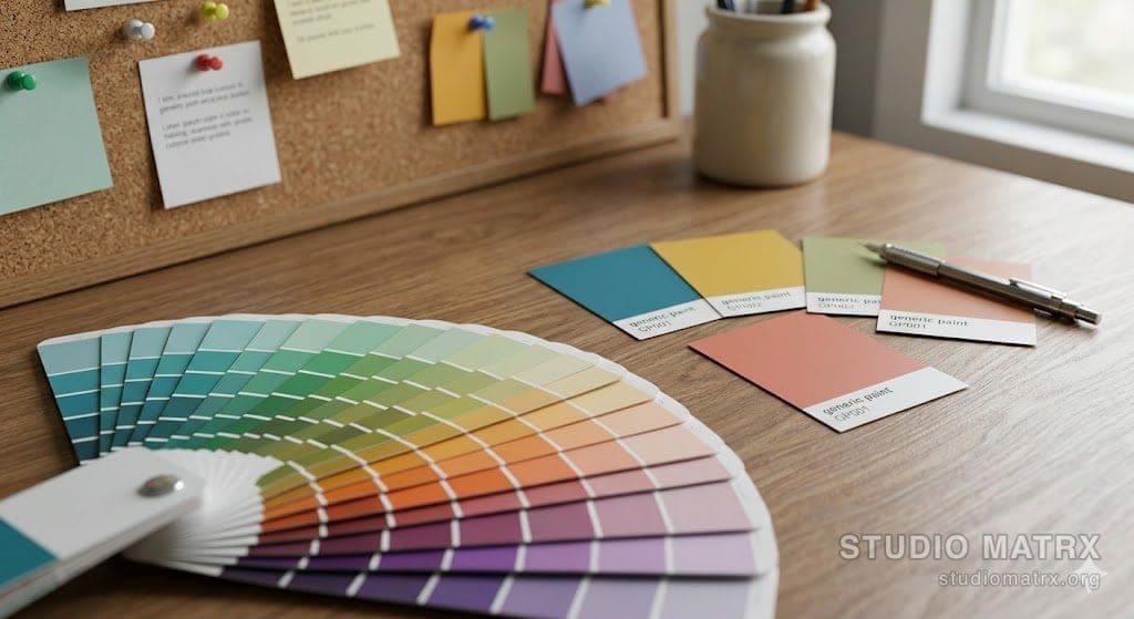 Paint chip fan deck open on a design table