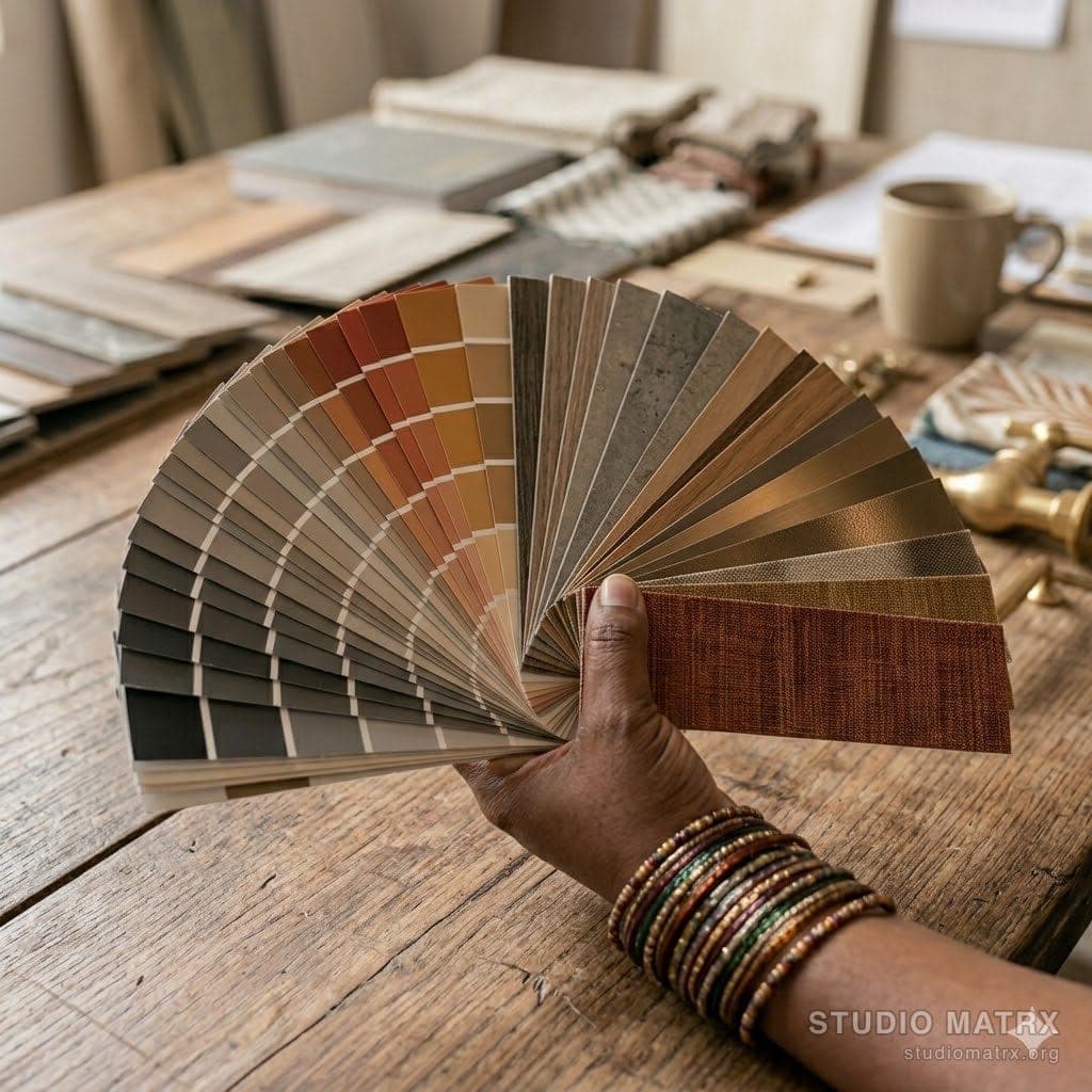 Indian designer fanning out finish swatches on a table