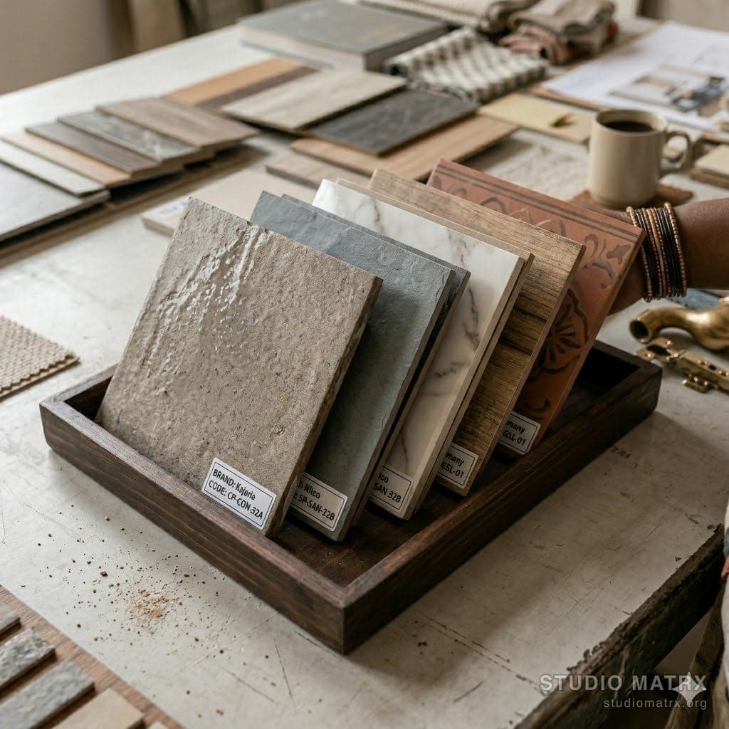 Stack of vitrified tile samples for selection