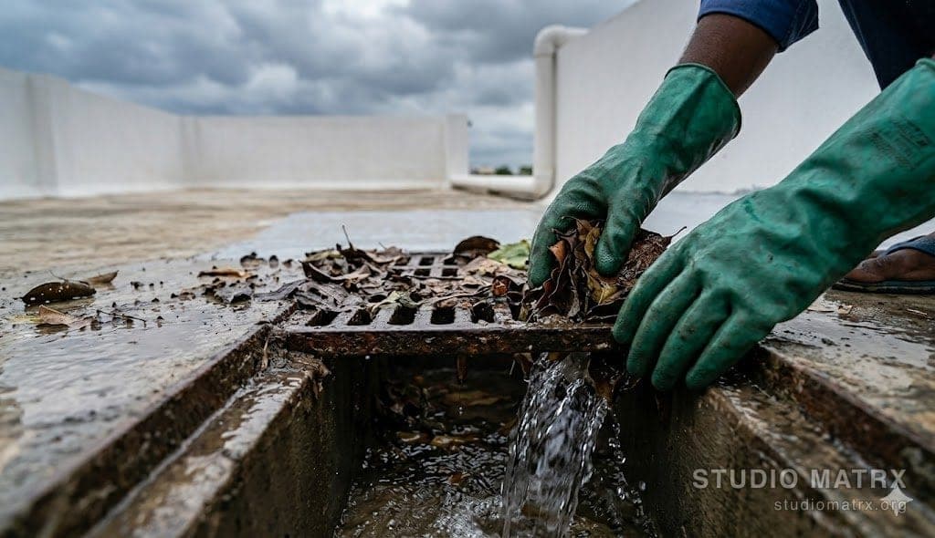 Clearing leaves from a terrace rainwater drain