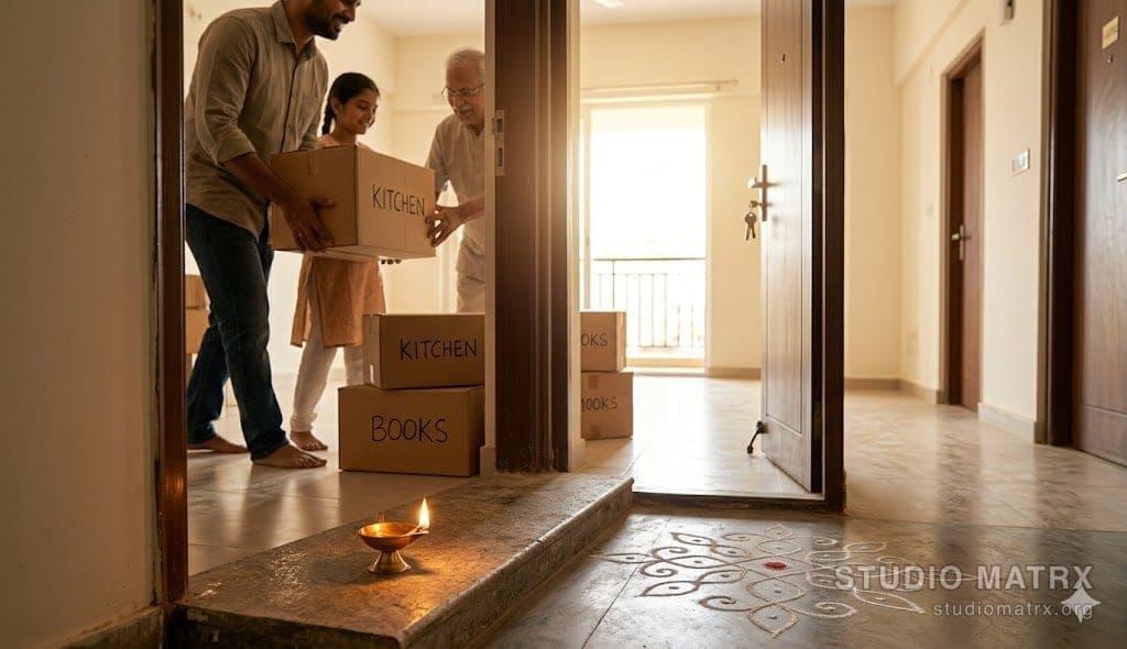 Family moving into a new Indian home