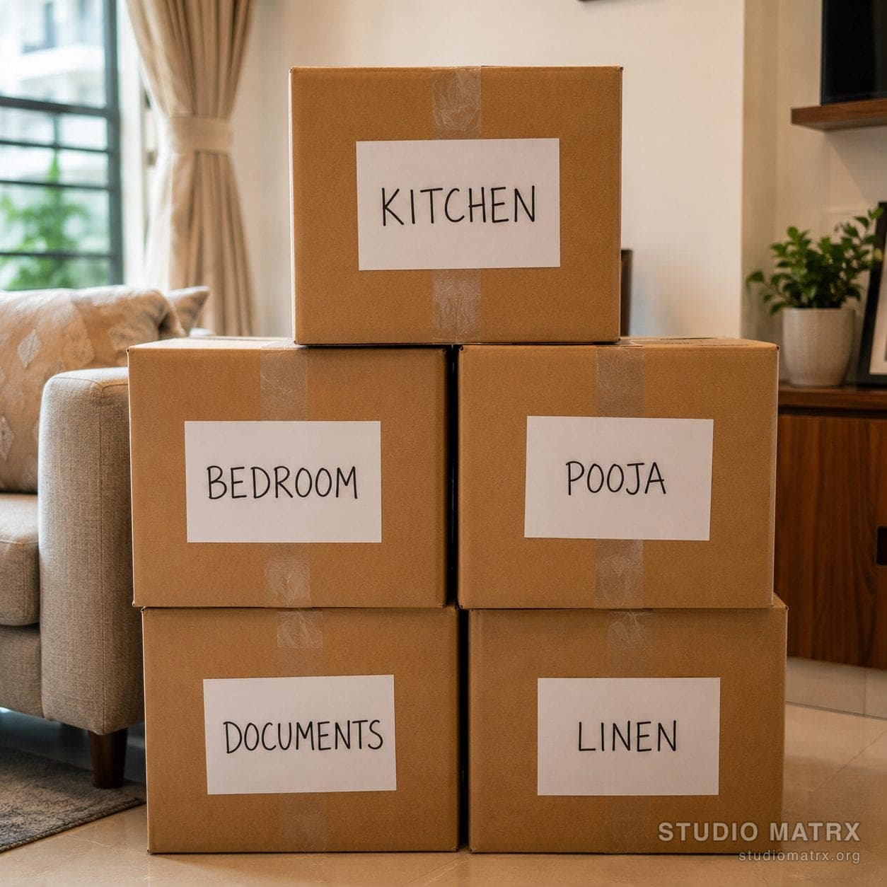 Stacked moving boxes labelled by room