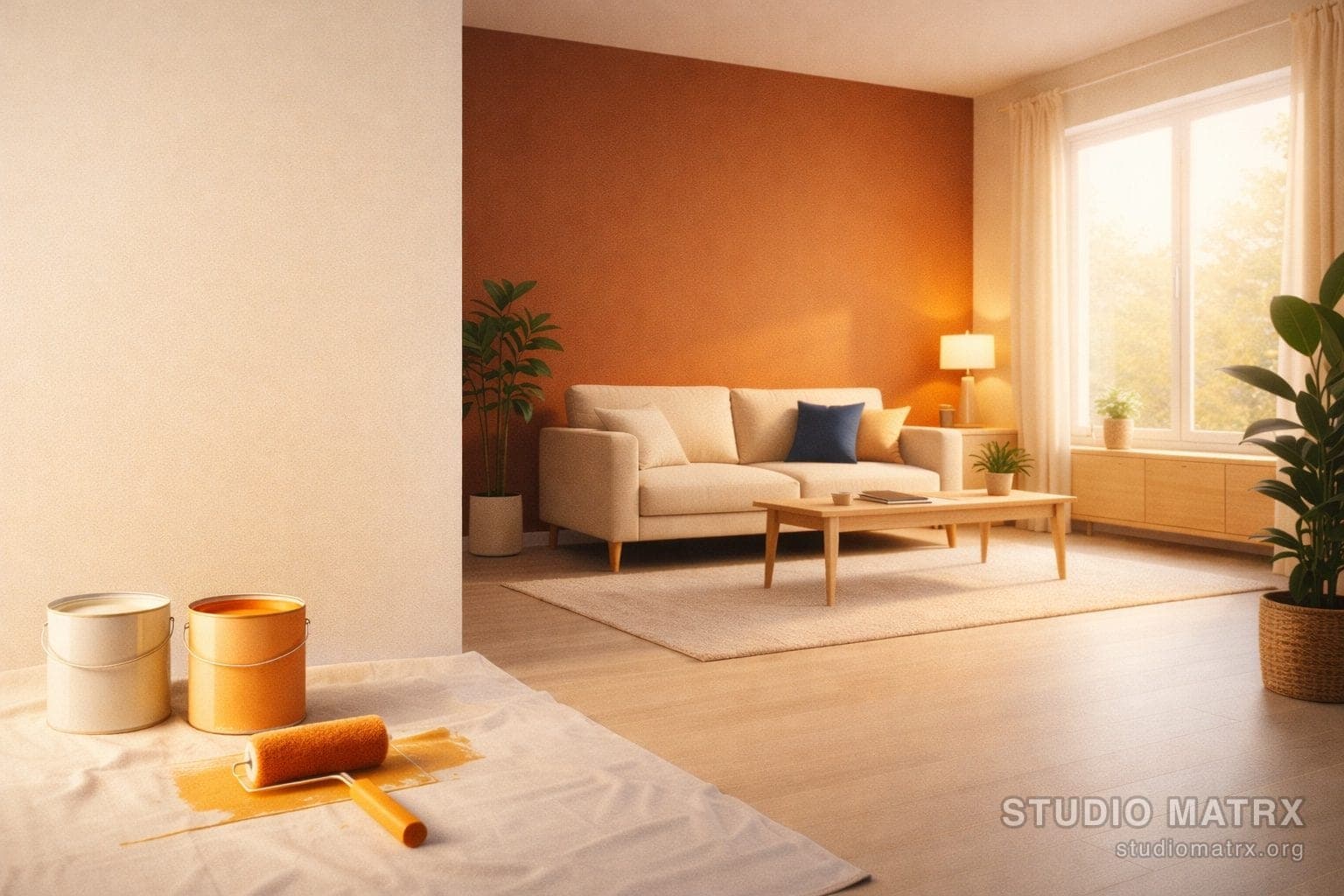 Modern Indian living room with a terracotta accent wall and paint cans on a drop cloth in the foreground