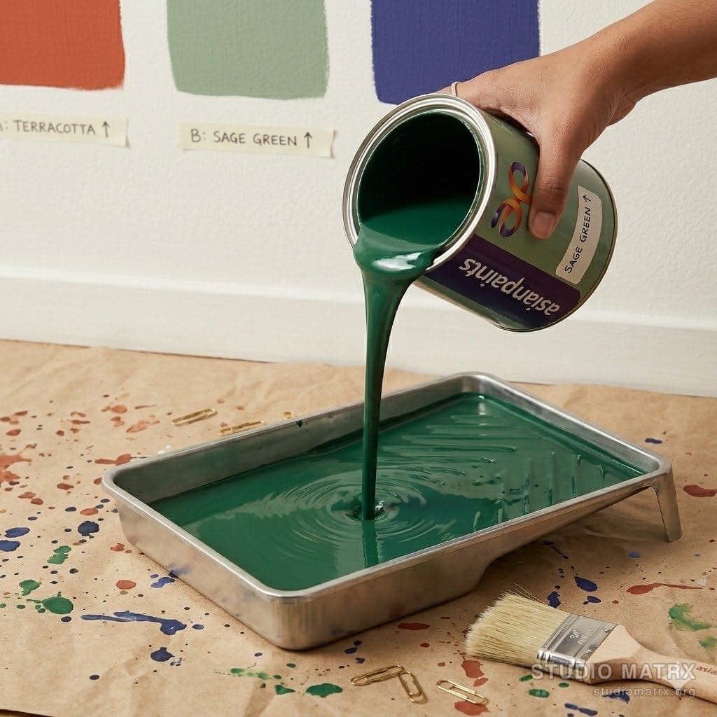 Designer pouring paint into roller tray