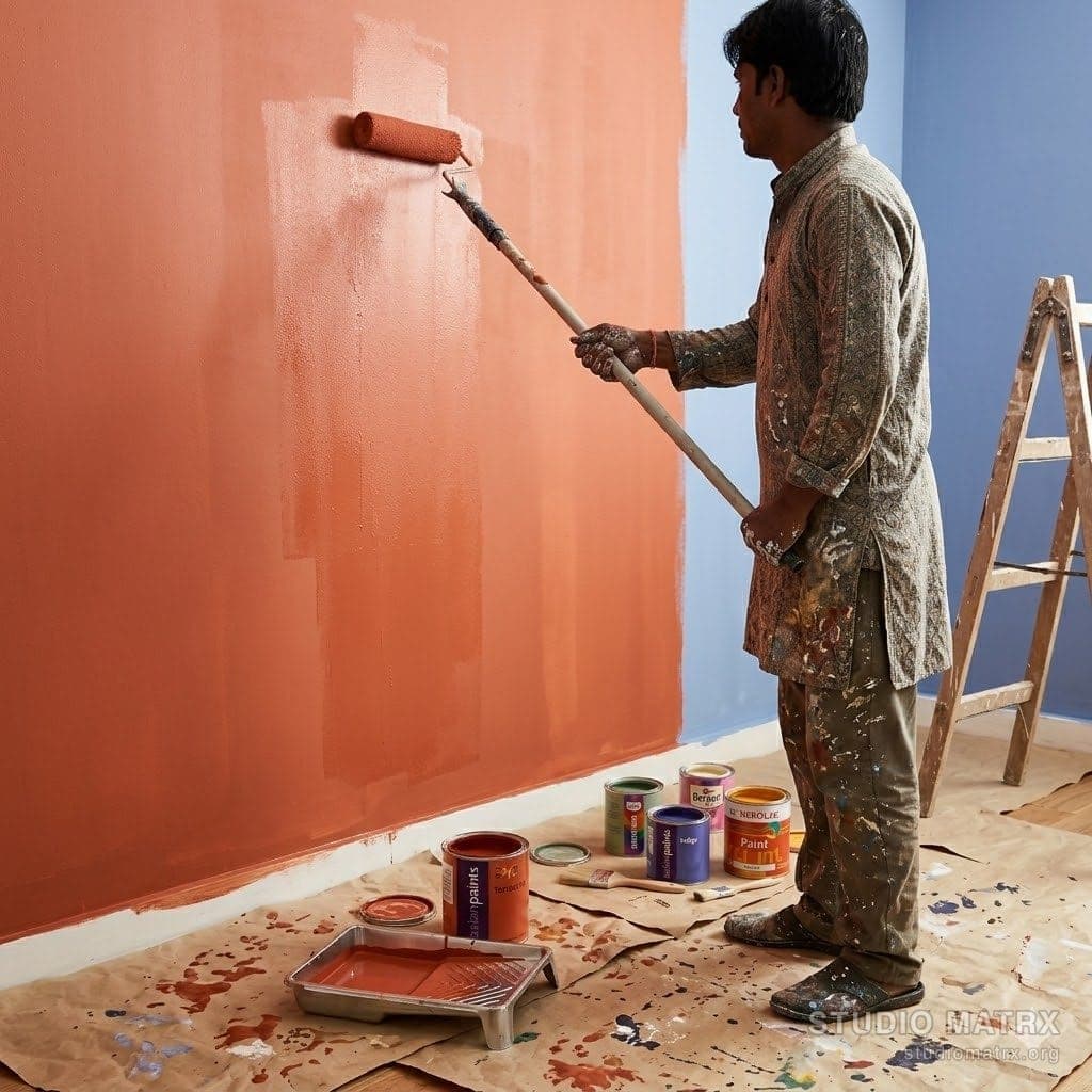 Indian house painter rolling a wall