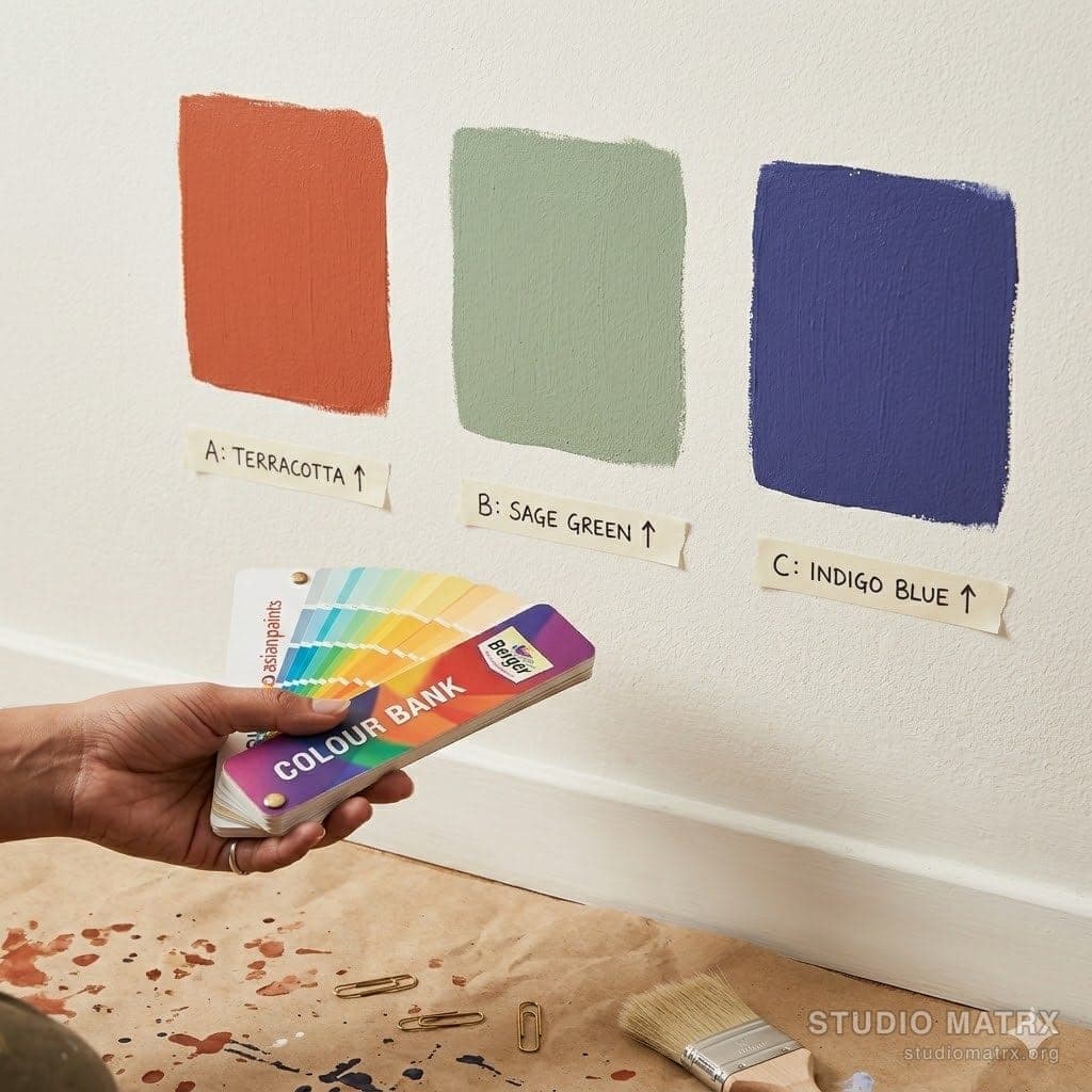 Three test patches on a living room wall