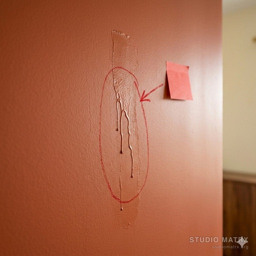 Roller mark and paint run flagged on wall