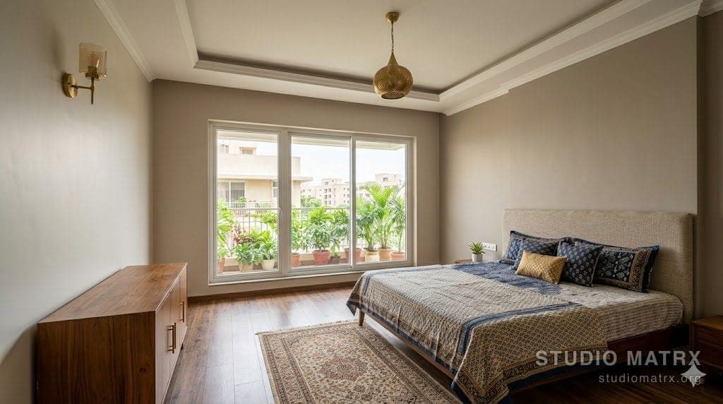 Finished Indian bedroom with smooth painted walls