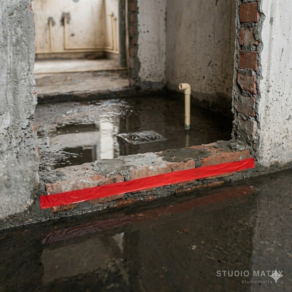 Bathroom flood test with water dammed at threshold