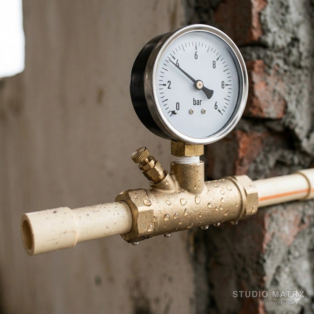 Plumber's pressure gauge mounted on apartment pipe before test