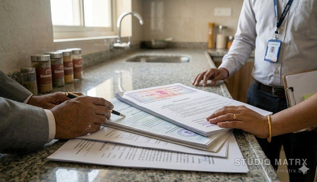 Lawyer, valuer and homeowner inspecting new flat