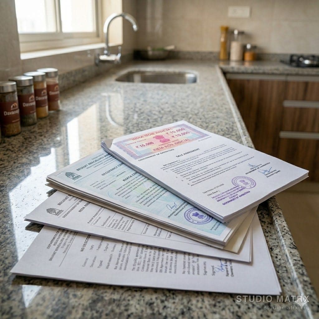 Sale agreement, OC, and Khata laid on table