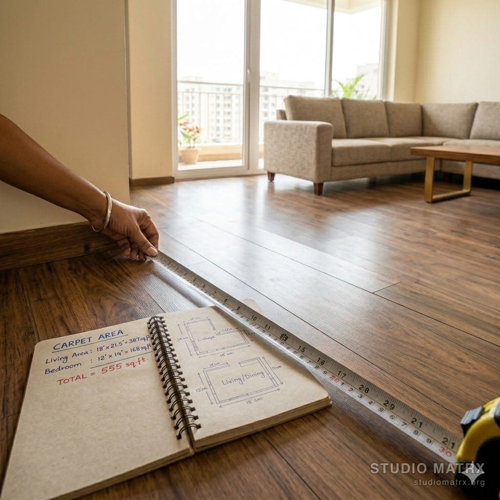 Tape measure across living room carpet area