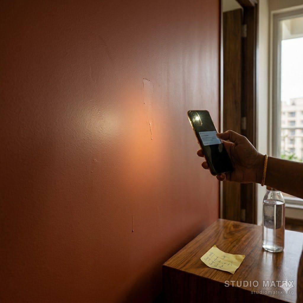Homeowner checking wall finish with phone torch