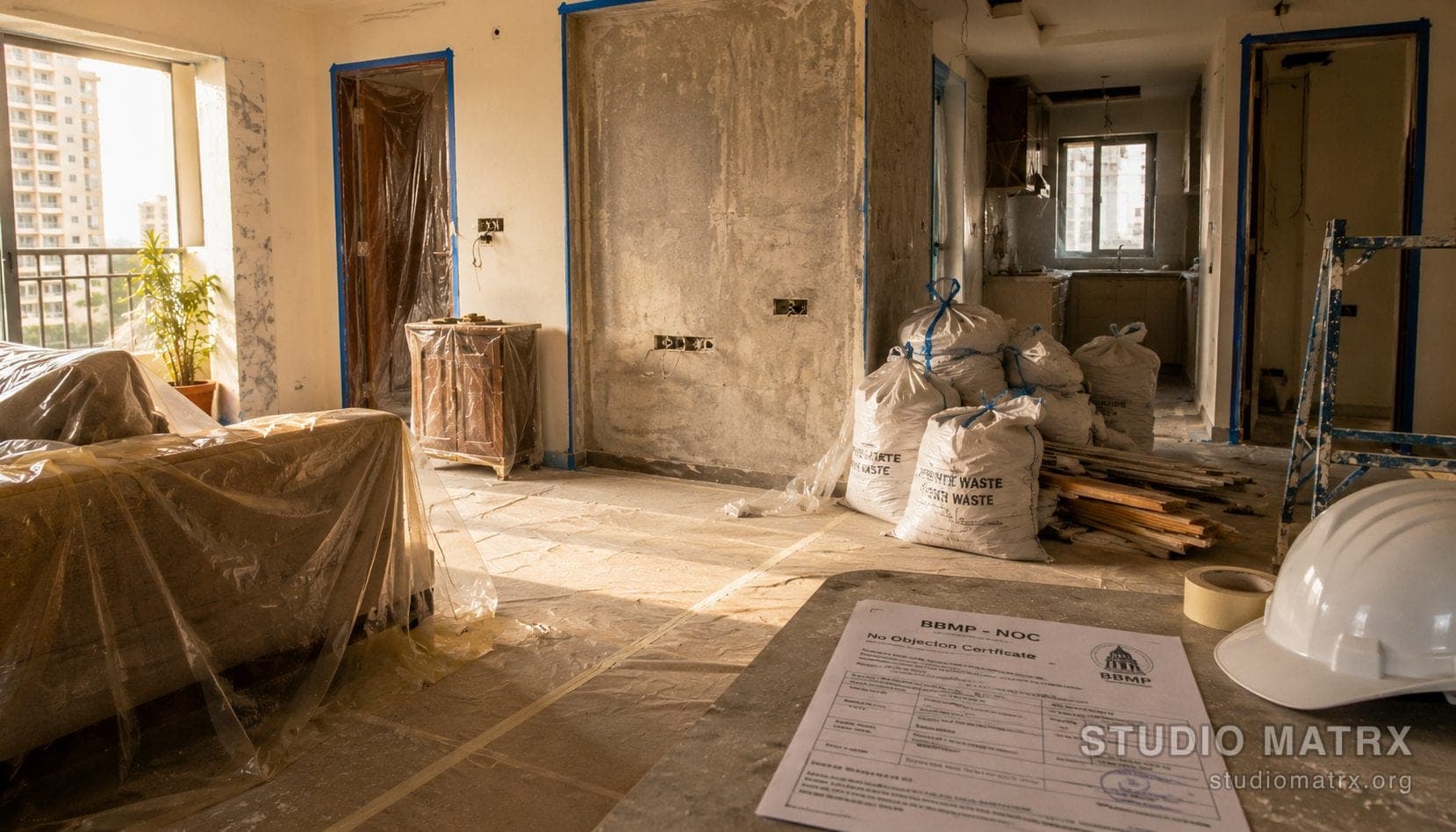 Indian home prepared for renovation with protection sheets