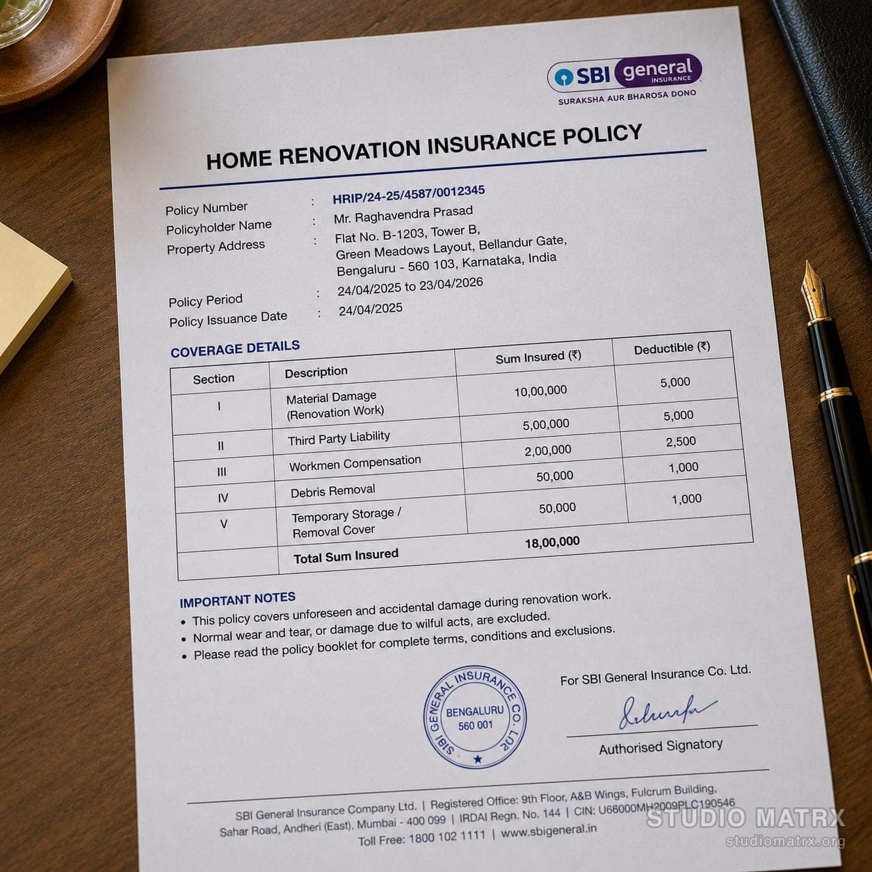 Home renovation insurance policy