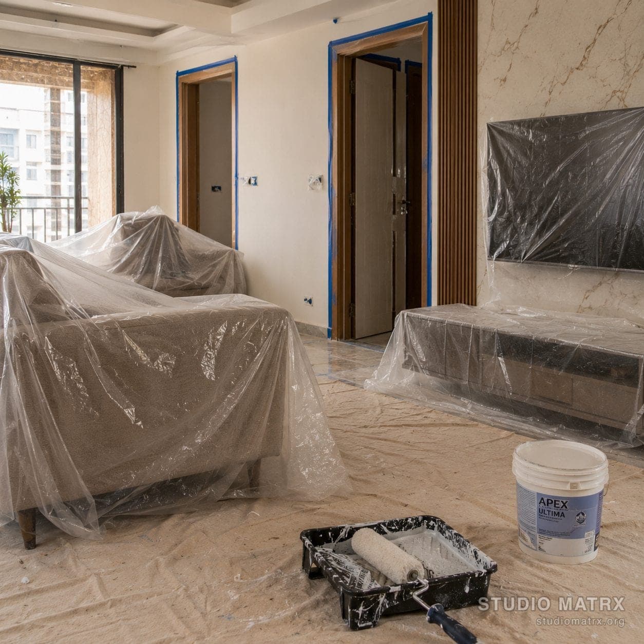 Plastic protection sheets covering furniture