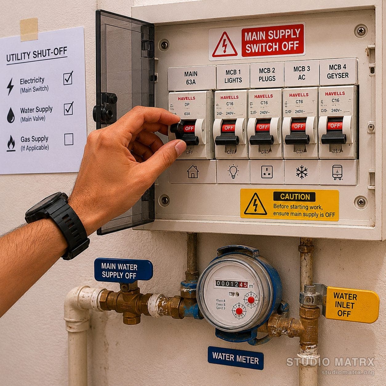 Water and electric main shutoff valves