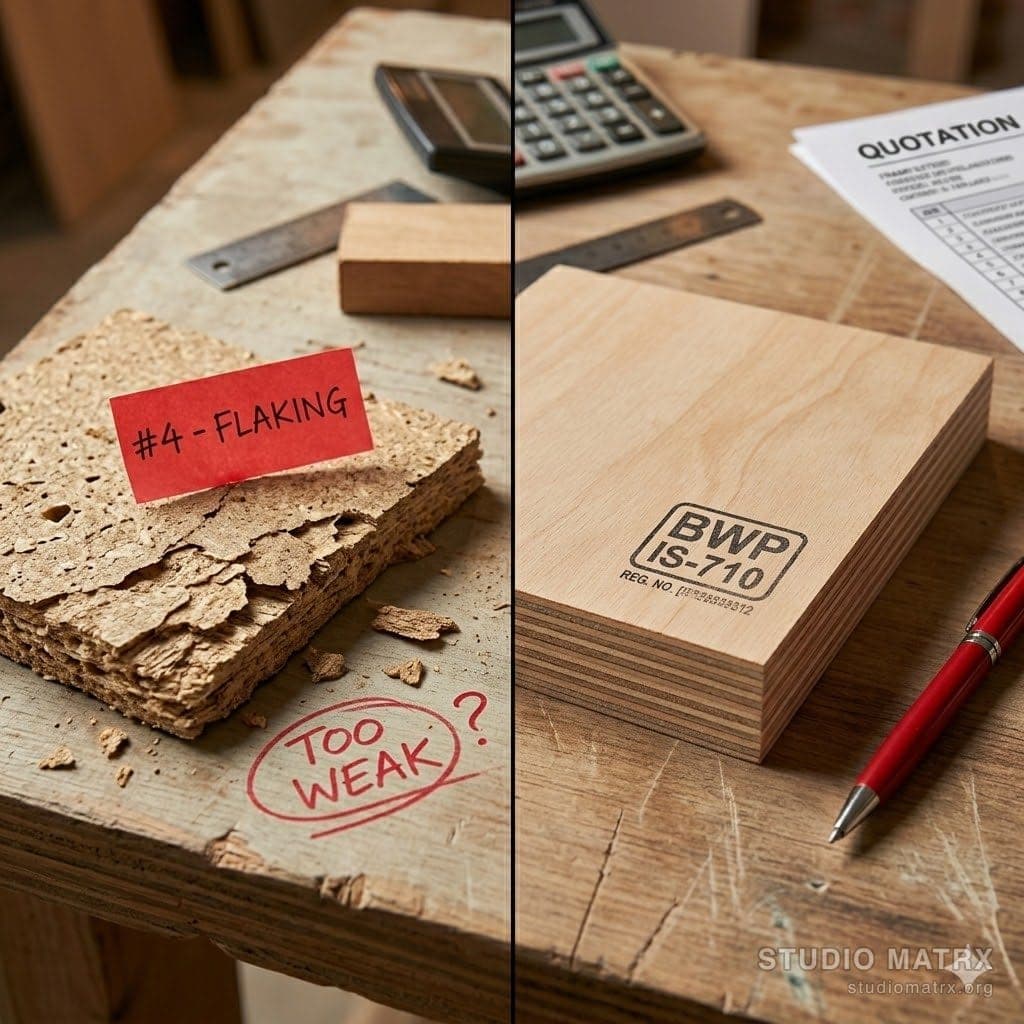 Cheap particle board sample beside premium ply