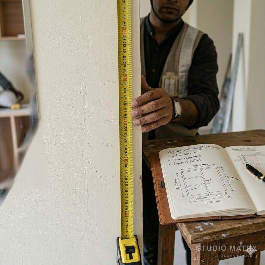 Tape measure checking wall dimension