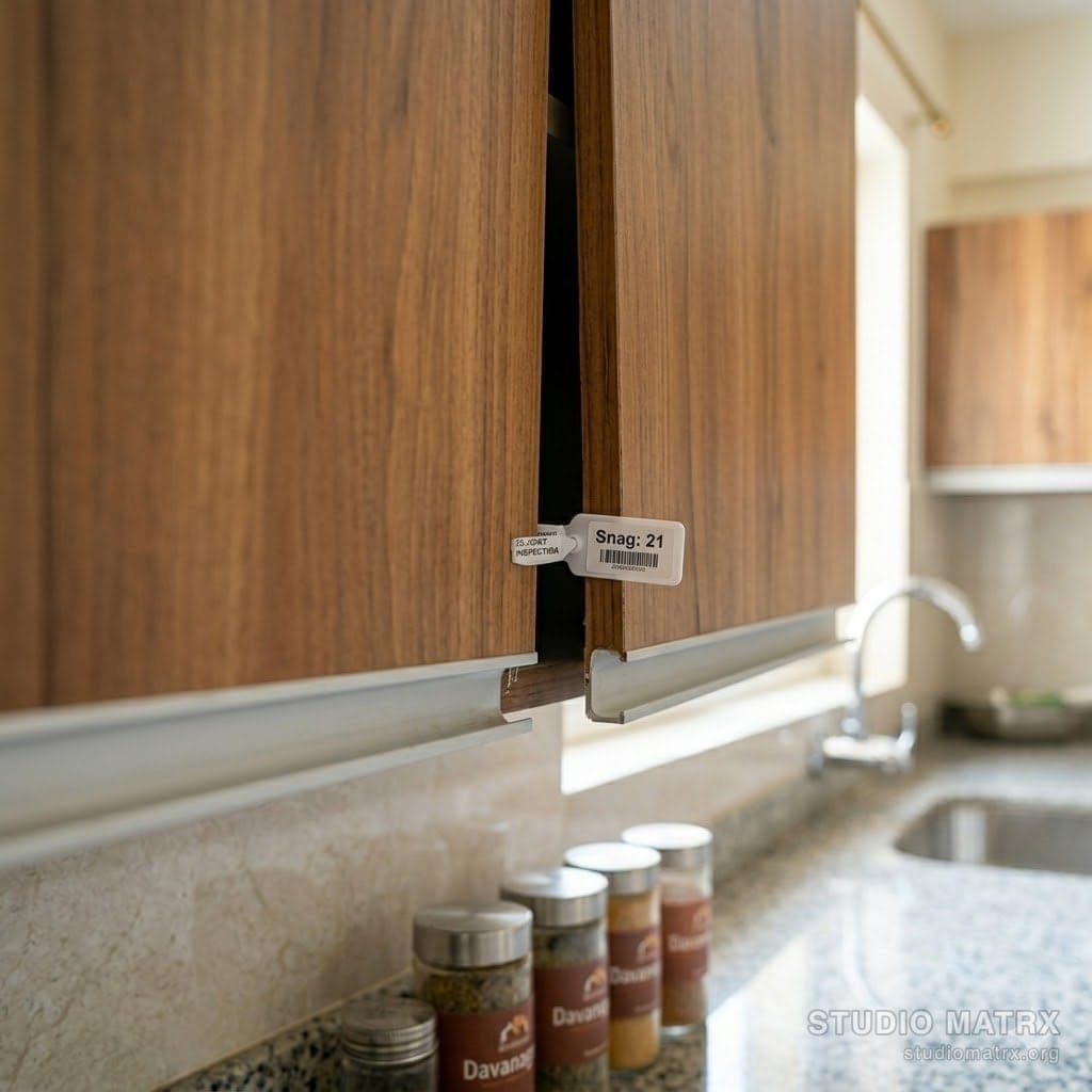 Misaligned cabinet door tagged with red snag flag