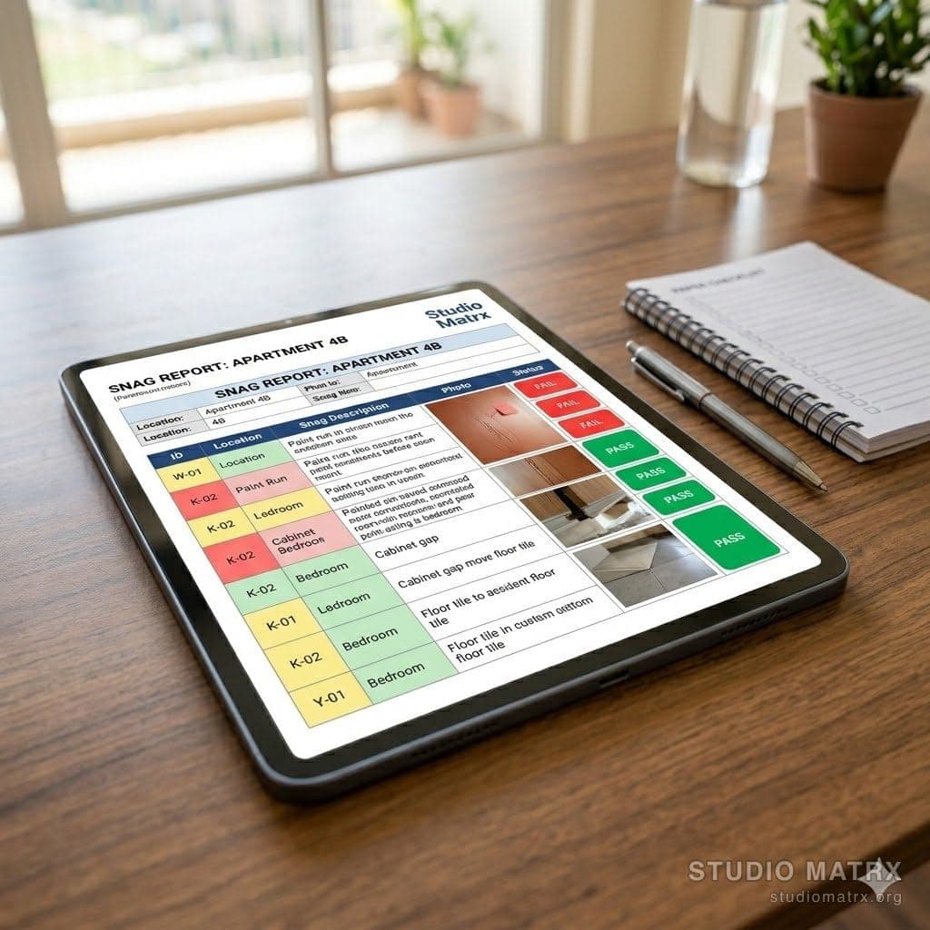 Snag report PDF on tablet with photos