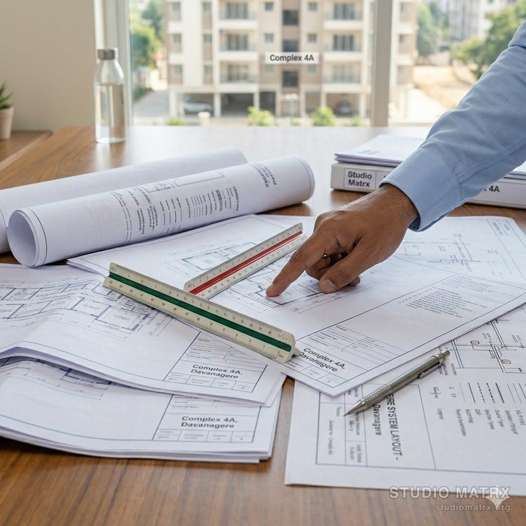 As-built drawings rolled out on a table