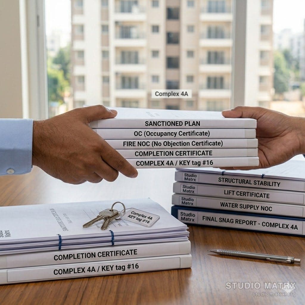 Builder handing over society document files to committee
