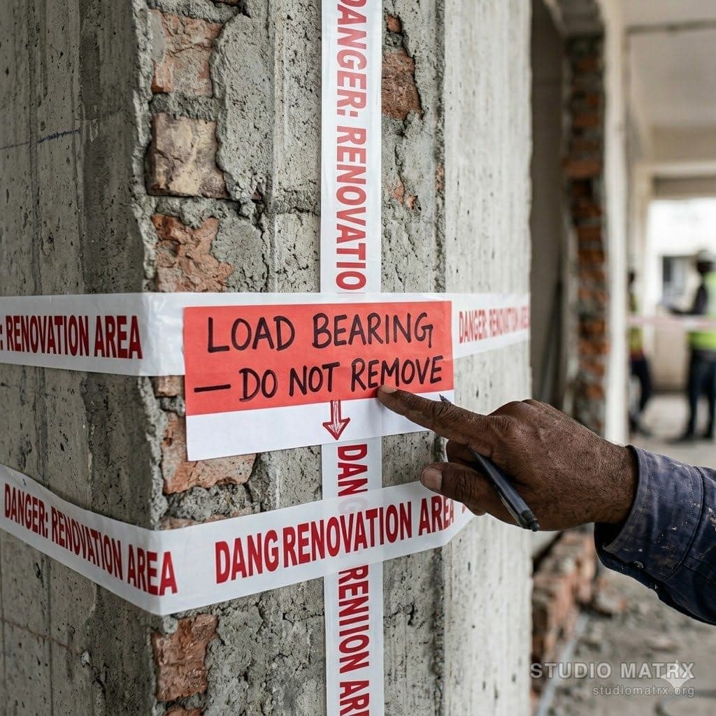Engineer marking a load-bearing wall with red tape