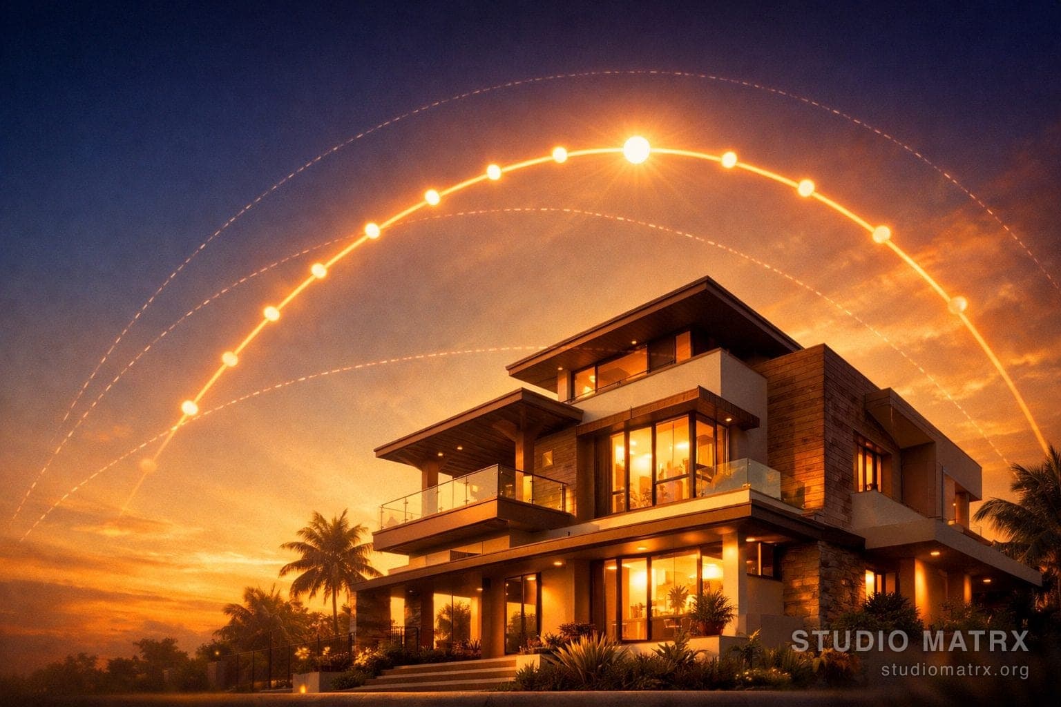 Modern home at golden hour with a glowing sun path arc tracing across the sky